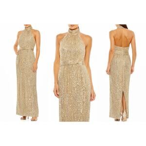 Mac Duggal 11281 Champagne Sequined Halter Neck Belted Tie Dress Size 4 $298